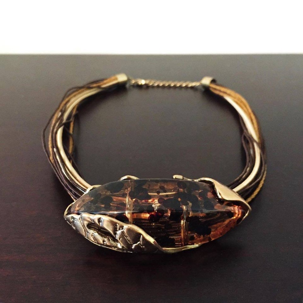 Gold White Brown Layered Leopard Stone Necklace